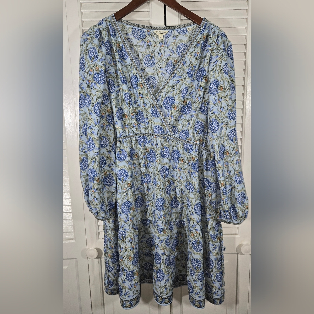Max Studio Blue Floral Smocked Waist Puffed Long Sleeve Mini Dress Sz XL